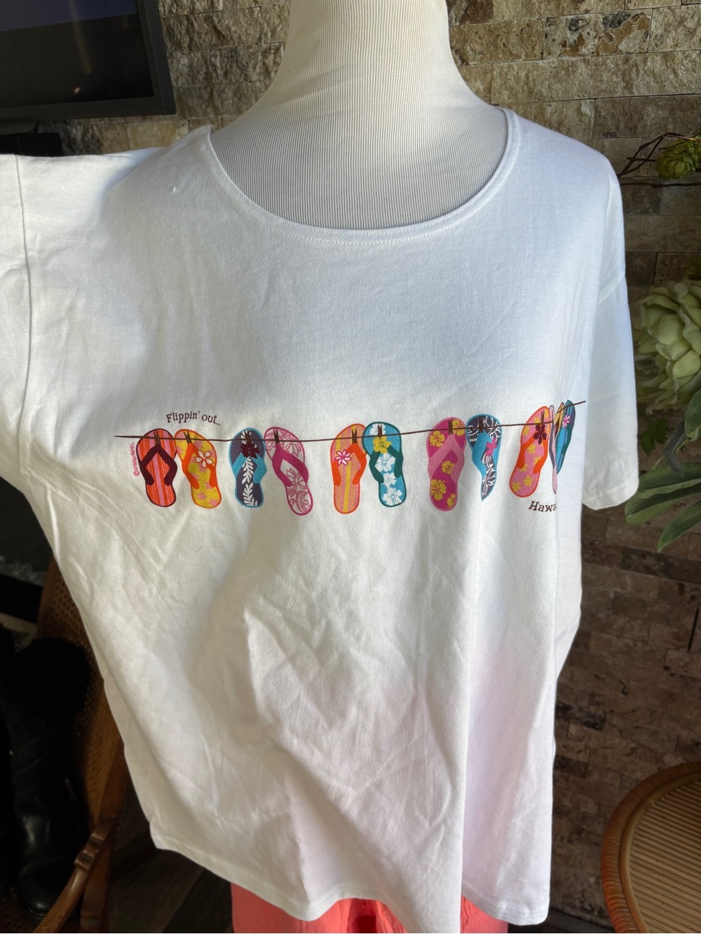 White Short Sleeve Tee with Colorful Flip-Flop Print